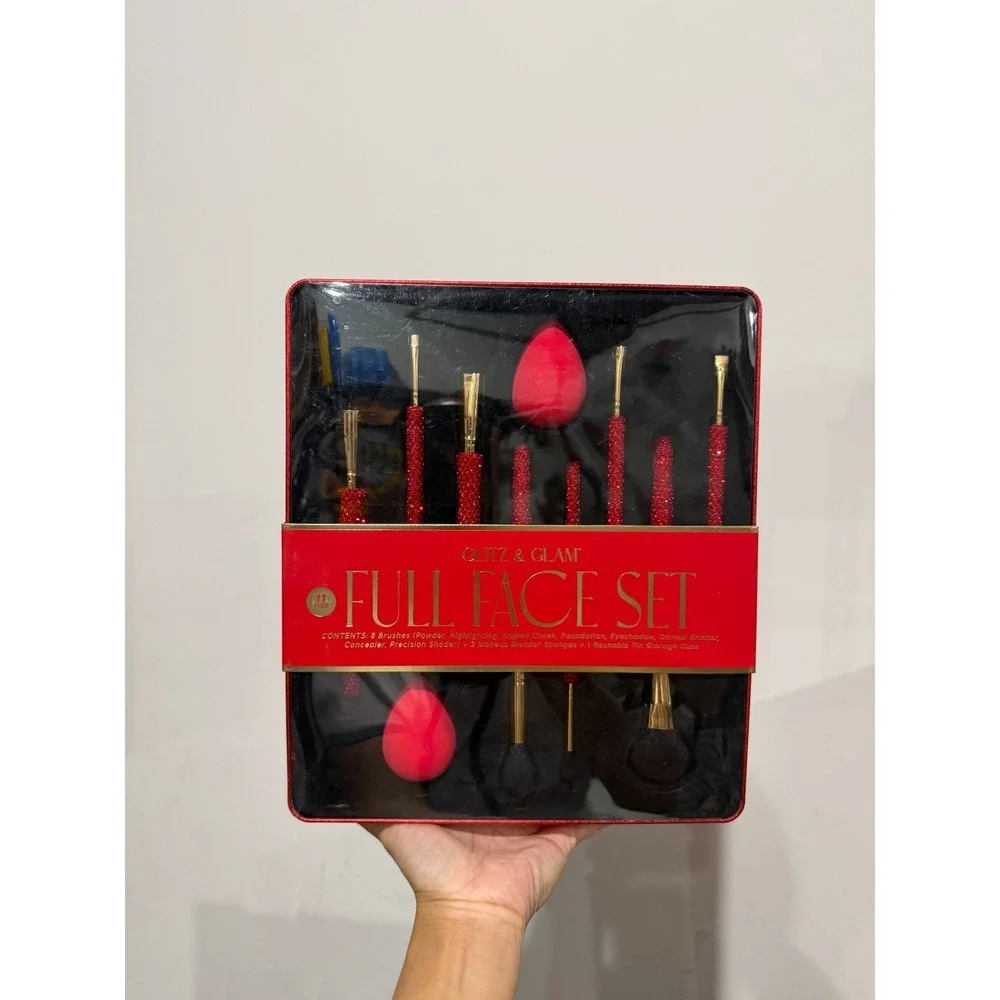 Glitz & Glam Red 11-Piece Full Face Brush Set Rhinestone Handles + Sponges NEW